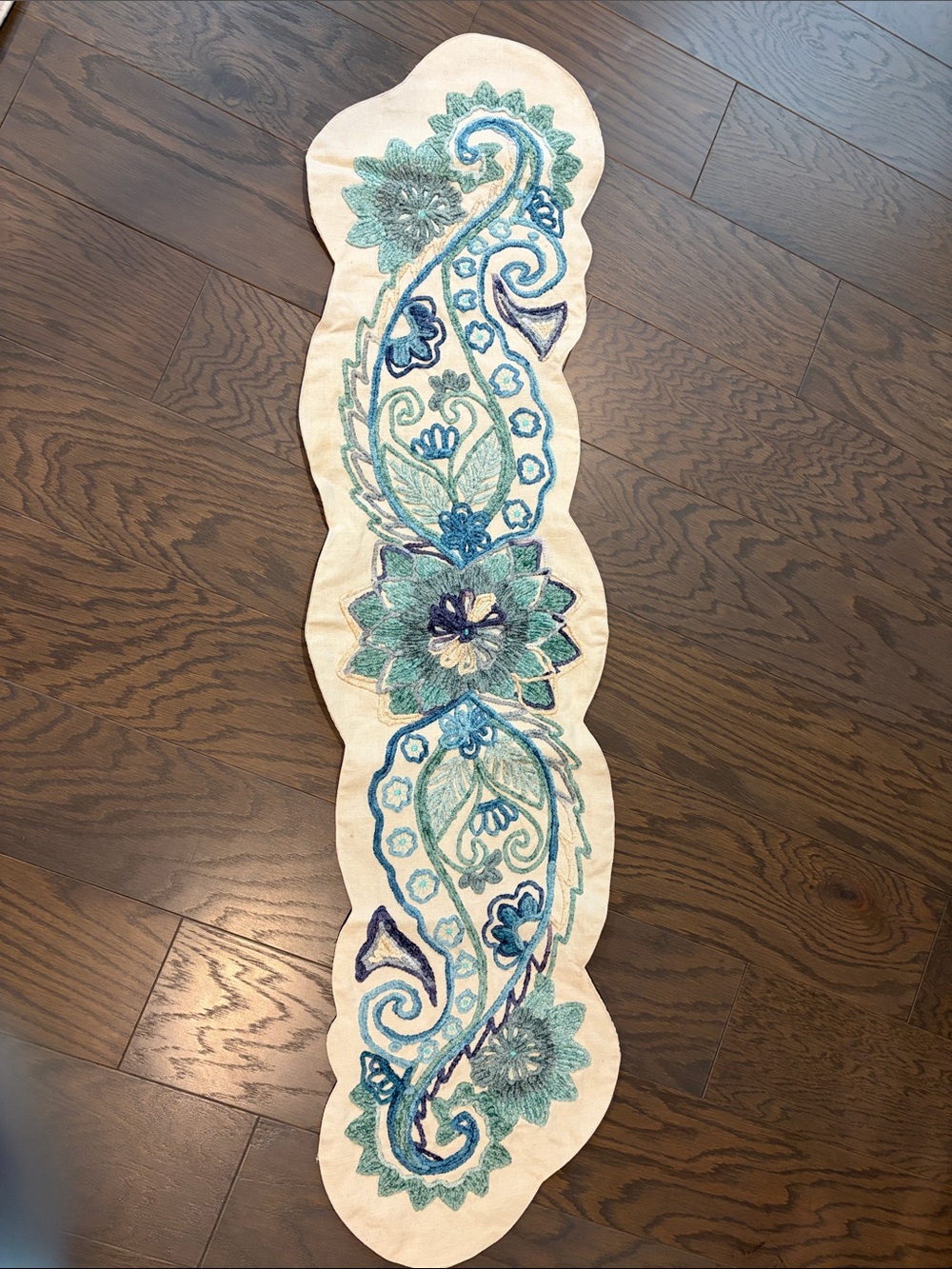 Pier One Embroidered Floral Table Runner in Teal and Blue